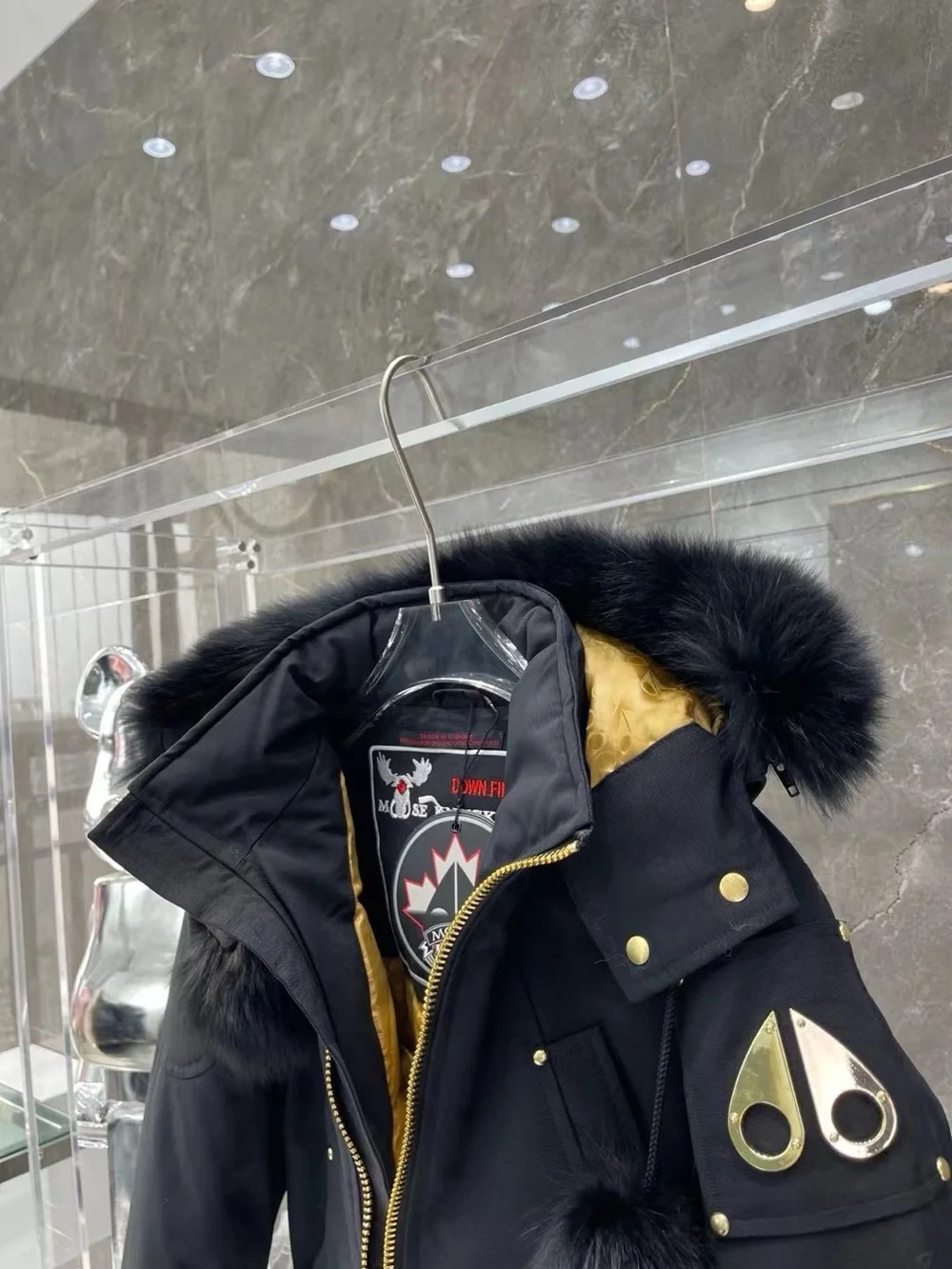 Moose Knuckles Black Hooded Puffer Jacket with Gold Lining